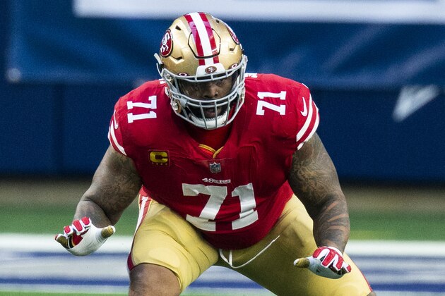 San Francisco 49ers offensive tackle Trent Williams (71) blocks during an NFL football game against the Dallas Cowboys, Sunday, Dec. 20, 2020, in Arlington, Texas. Dallas won 41-33. (AP Photo/Brandon Wade)