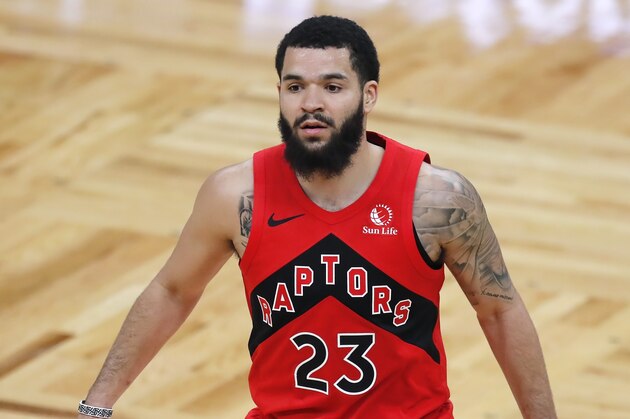 Toronto Raptors' Fred VanVleet plays against the Boston Celtics during the second half of an NBA basketball game, Thursday, Feb. 11, 2021, in Boston. (AP Photo/Michael Dwyer)