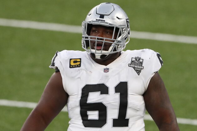 Las Vegas Raiders center Rodney Hudson (61) during the second half an NFL football game, Sunday, Dec. 6, 2020, in East Rutherford, N.J. (AP Photo/Noah K. Murray)