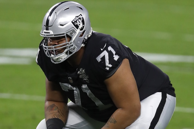 Las Vegas Raiders offensive guard Denzelle Good (71) sets to block against the Miami Dolphins during an NFL football game, Saturday, Dec. 26, 2020, in Las Vegas.The Dolphins won the game 26-25. (Jeff Haynes/AP Images for Panini)