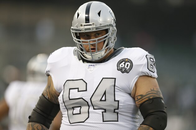 Oakland Raiders offensive guard Richie Incognito (64) warms up before an NFL football game against the Los Angeles Chargers in Oakland, Calif., Thursday, Nov. 7, 2019. (AP Photo/D. Ross Cameron)