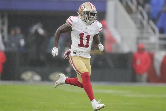 San Francisco 49ers wide receiver Marquise Goodwin (11) runs on the field during the in the second half of an NFL football game, Sunday, Dec. 1, 2019, in Baltimore, Md. (AP Photo/Julio Cortez)