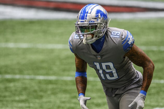 Detroit Lions wide receiver Kenny Golladay (19) works against the Atlanta Falcons during the first half of an NFL football game, Sunday, Oct. 25, 2020, in Atlanta. The Detroit Lions won 23-22. (AP Photo/Danny Karnik)
