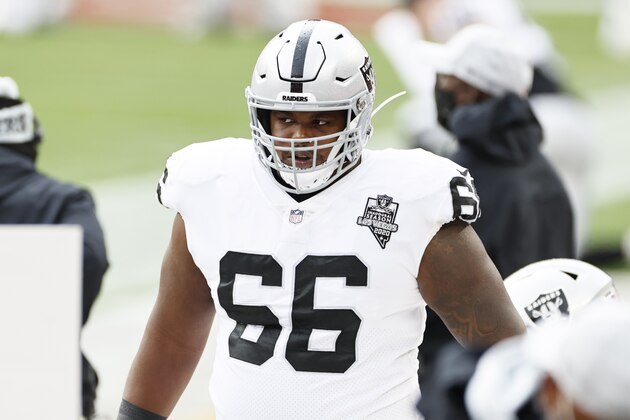 Las Vegas Raiders offensive guard Gabe Jackson (66) stands on the sideline during the first quarter of an NFL football game against the Cleveland Browns, Sunday, Nov. 1, 2020, in Cleveland. (AP Photo/Ron Schwane)