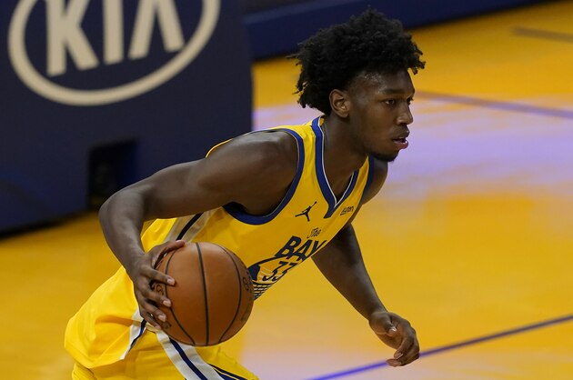Golden State Warriors center James Wiseman against the Detroit Pistons during the second half of an NBA basketball game in San Francisco, Saturday, Jan. 30, 2021. (AP Photo/Jeff Chiu)