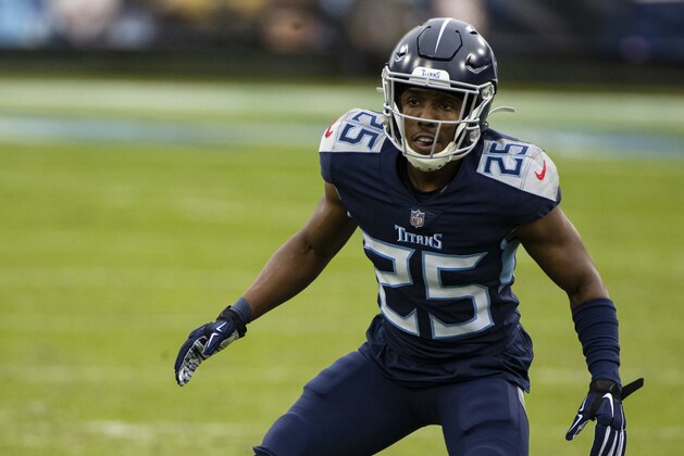 Tennessee Titans cornerback Adoree' Jackson (25) moves in coverage against the Detroit Lions during the first quarter of an NFL football game, Sunday, Dec. 20, 2020, in Nashville, Tenn. (AP Photo/Brett Carlsen)