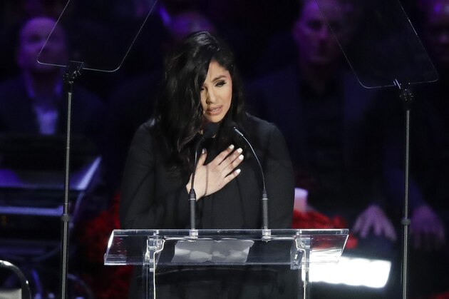 Vanessa Bryant speaks during a celebration of life for her husband Kobe Bryant and daughter Gianna Monday, Feb. 24, 2020, in Los Angeles. (AP Photo/Marcio Jose Sanchez)