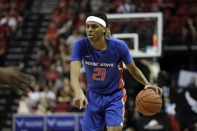 Boise State's Derrick Alston plays against UNLV during the first half of a Mountain West Conference tournament NCAA college basketball game Thursday, March 5, 2020, in Las Vegas. (AP Photo/Isaac Brekken)