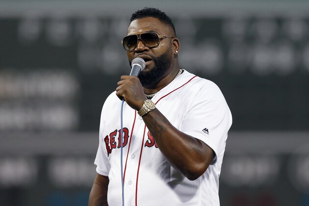 Former Boston Red Sox's David Ortiz address the crowd after throwing out the ceremonial first pitch before a baseball game against the New York Yankees in Boston, Monday, Sept. 9, 2019. (AP Photo/Michael Dwyer) Former Boston Red Sox's David Ortiz address the crowd after throwing out the ceremonial first pitch before a baseball game against the New York Yankees in Boston, Monday, Sept. 9, 2019. (AP Photo/Michael Dwyer)