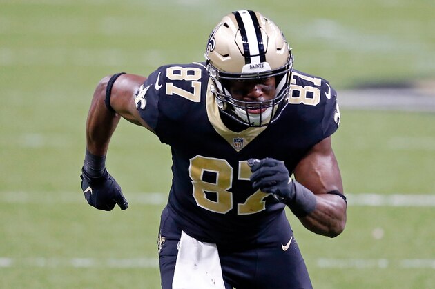 New Orleans Saints tight end Jared Cook (87) runs a route in the second half of an NFL football game in New Orleans, Sunday, Oct. 25, 2020. (AP Photo/Butch Dill)