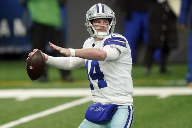 FILE - In this Jan. 3, 2021, file photo, Dallas Cowboys quarterback Andy Dalton looks to pass during the first half of an NFL football game against the New York Giants in East Rutherford, N.J. The Chicago Bears agreed to a one-year, $10 million contract with former Cincinnati Bengals and Dallas Cowboys quarterback Andy Dalton, agent Jeffrey Nalley said Tuesday, March 16, 2021. The three-time Pro Bowler could earn an additional $3 million in bonuses. (AP Photo/Frank Franklin II, File)