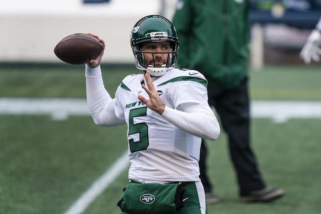 New York Jets quarterback Joe Flacco passes the ball. during warmups before an NFL football game against the Seattle Seahawks, Sunday, Dec. 13, 2020, in Seattle. The Seahawks won 40-3. (AP Photo/Stephen Brashear)