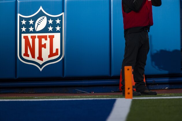 Detail view of NFL shield logo on the wall of the stadium during the third quarter of an NFL wild-card playoff football game between the Buffalo Bills and the Indianapolis Colts, Saturday, Jan. 9, 2021, in Orchard Park, N.Y. Buffalo won the game 27-24. (AP Photo/Brett Carlsen)
