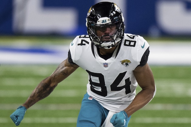 Jacksonville Jaguars wide receiver Keelan Cole Sr. (84) sprints down the field during an NFL football game against the Indianapolis Colts on Sunday, Jan. 3, 2021, in Indianapolis. (AP Photo/Zach Bolinger)