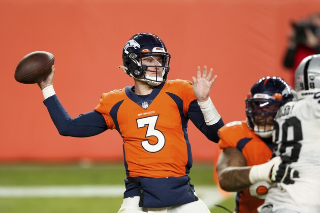 Denver Broncos quarterback Drew Lock (3) throws a pass against the Las Vegas Raiders during the second half of an NFL football game, Sunday, Jan.. 3, 2021, in Denver. (AP Photo/Justin Edmonds)