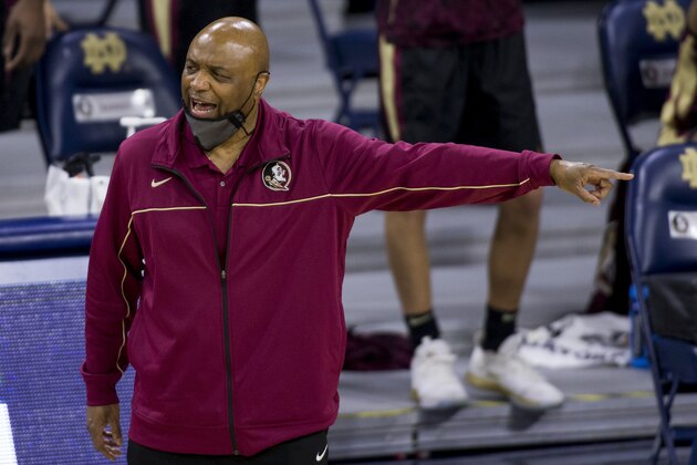 Florida State head coach Leonard Hamilton directs players during the first half of an NCAA college basketball game against Notre Dame on Saturday, March 6, 2021, in South Bend, Ind. Notre Dame won 83-73. (AP Photo/Robert Franklin)