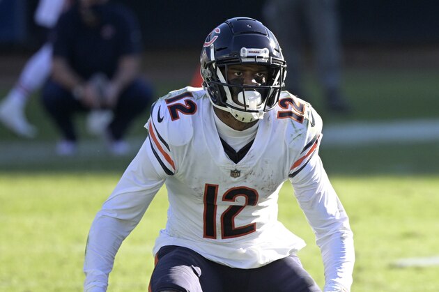 Chicago Bears wide receiver Allen Robinson II (12) sets up to block during the second half of an NFL football game against the Jacksonville Jaguars, Sunday, Dec. 27, 2020, in Jacksonville, Fla. The Bears placed the franchise tag on star receiver Allen Robinson on Tuesday, March 9, 2021 setting up a potential messy situation with their most consistent playmaker on offense. (AP Photo/Phelan M. Ebenhack)