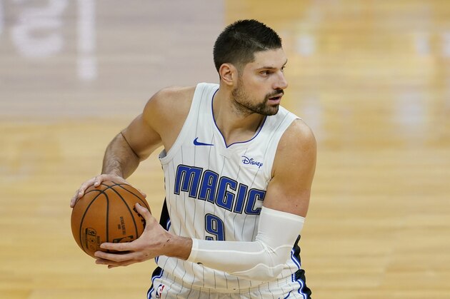 Orlando Magic center Nikola Vucevic (9) against the Golden State Warriors during an NBA basketball game in San Francisco, Thursday, Feb. 11, 2021. (AP Photo/Jeff Chiu)