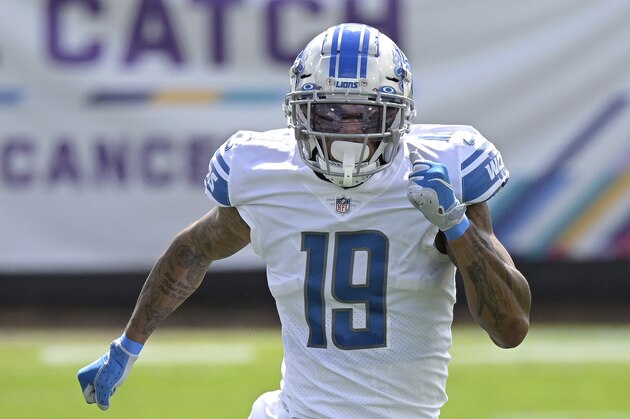 Detroit Lions wide receiver Kenny Golladay (19) runs a route during the first half of an NFL football game against the Jacksonville Jaguars, Sunday, Oct. 18, 2020, in Jacksonville, Fla. (AP Photo/Phelan M. Ebenhack) Detroit Lions wide receiver Kenny Golladay (19) runs a route during the first half of an NFL football game against the Jacksonville Jaguars, Sunday, Oct. 18, 2020, in Jacksonville, Fla. (AP Photo/Phelan M. Ebenhack)