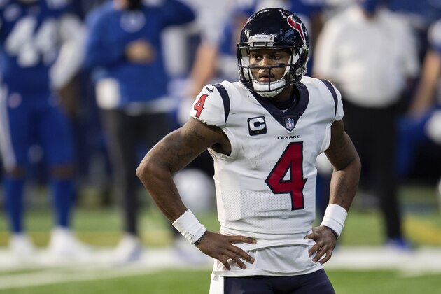 Houston Texans quarterback Deshaun Watson (4) looks to the sidelines during an NFL football game against the Indianapolis Colts on Sunday, Dec. 20, 2020, in Indianapolis. (AP Photo/Zach Bolinger)