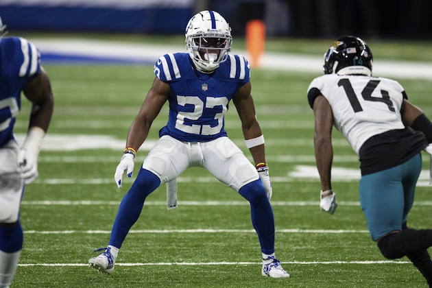 Indianapolis Colts cornerback Kenny Moore (23) drops back into coverage during an NFL football game against the Jacksonville Jaguars on Sunday, Jan. 3, 2021, in Indianapolis. (AP Photo/Zach Bolinger)