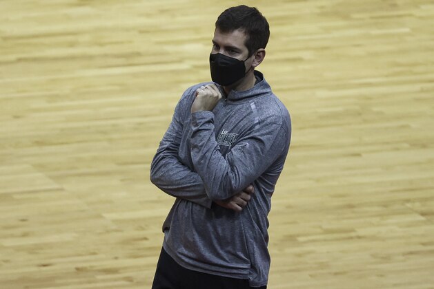 Boston Celtics head coach Brad Stevens reacts after a play during the third quarter of an NBA basketball game against the Houston Rockets in Houston, Sunday, March 14, 2021. (Troy Taormina/Pool Photo via AP)