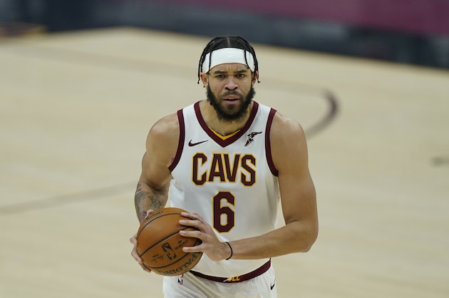 Cleveland Cavaliers' JaVale McGee drives in the first half of an NBA basketball game against the Oklahoma City Thunder, Sunday, Feb. 21, 2021, in Cleveland. (AP Photo/Tony Dejak)