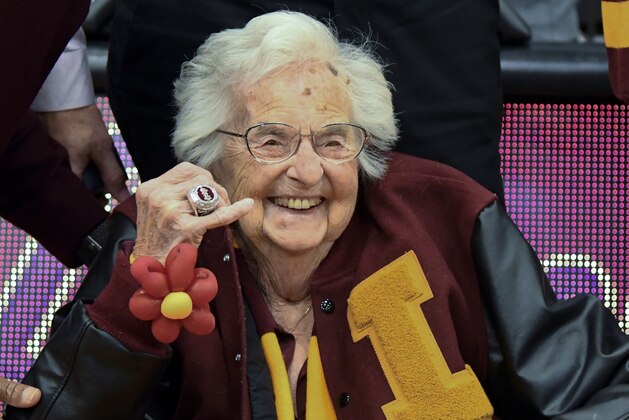 FILE- In this Nov. 27, 2018, file photo, Loyola of Chicago's Sister Jean shows off the NCAA Final Four ring she received before an NCAA college basketball game between Loyola of Chicago and Nevada in Chicago. (AP Photo/Matt Marton, File)