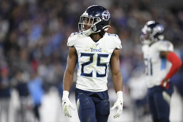 Tennessee Titans cornerback Adoree' Jackson (25) stands on the field during the second half of an NFL divisional playoff football game against the Baltimore Ravens, Saturday, Jan. 11, 2020, in Baltimore. (AP Photo/Nick Wass)