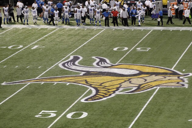 The Minnesota Vikings logo is seen on the field during the second half of an NFL football game between the Vikings and the Detroit Lions Sunday, Nov. 11, 2012, in Minneapolis. (AP Photo/Jim Mone)