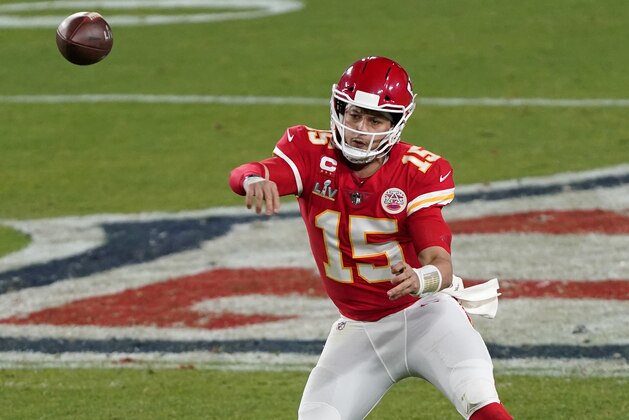 Kansas City Chiefs quarterback Patrick Mahomes (15) during the second half of the NFL Super Bowl 55 football game against the Tampa Bay Buccaneers Sunday, Feb. 7, 2021, in Tampa, Fla. (AP Photo/Jason Behnken)