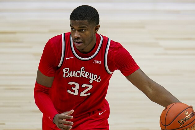 Ohio State forward E.J. Liddell (32) plays against Illinois in an NCAA college basketball championship game at the Big Ten Conference tournament in Indianapolis, Sunday, March 14, 2021. (AP Photo/Michael Conroy)