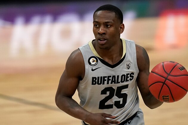 Colorado's McKinley Wright IV (25) plays against California in an NCAA college basketball game in the quarterfinal round of the Pac-12 men's tournament Thursday, March 11, 2021, in Las Vegas. (AP Photo/John Locher)