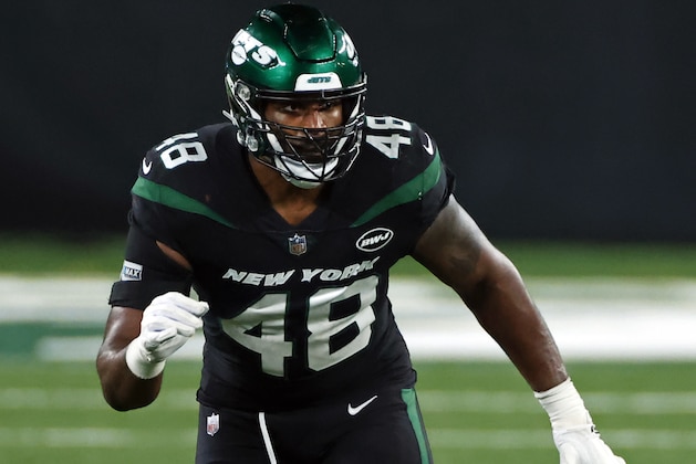 New York Jets outside linebacker Jordan Jenkins (48) in action during an NFL football game against the New England Patriots, Monday, Nov. 9, 2020, in East Rutherford, N.J. (AP Photo/Adam Hunger)