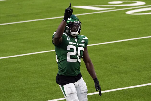 New York Jets free safety Marcus Maye (20) celebrates after breaking up a pass during the second half of an NFL football game against the Los Angeles Rams Sunday, Dec. 20, 2020, in Inglewood, Calif. (AP Photo/Ashley Landis)