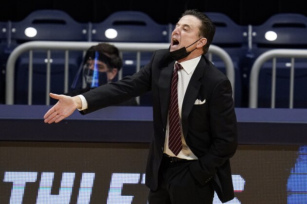Iona head coach Rick Pitino gestures as his team plays against Alabama in the first half of a first-round game in the NCAA men's college basketball tournament at Hinkle Fieldhouse in Indianapolis, Saturday, March 20, 2021. (AP Photo/Michael Conroy)