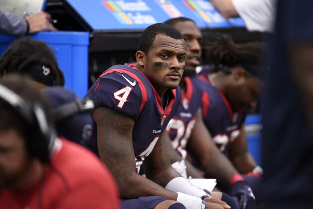 Houston Texans quarterback Deshaun Watson (4) sits on the sideline during an NFL football game against the Cleveland Browns on Sunday, Oct. 15, 2017, in Houston. (AP Photo/Eric Christian Smith)
