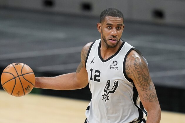San Antonio Spurs center LaMarcus Aldridge (12) during the first half of an NBA basketball game against the Boston Celtics in San Antonio, Wednesday, Jan. 27, 2021. (AP Photo/Eric Gay)