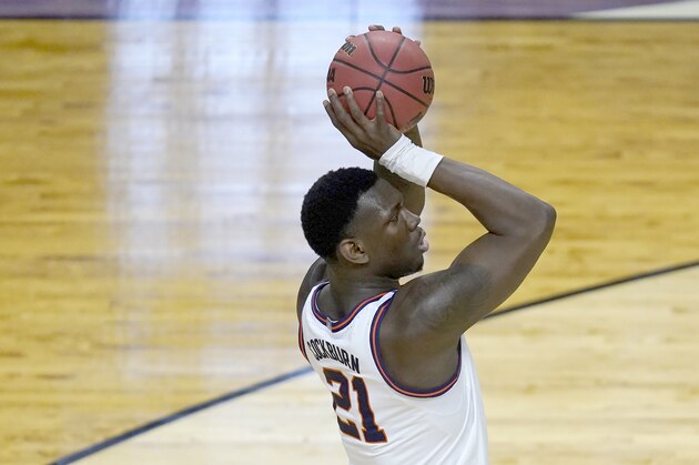 Illinois center Kofi Cockburn shoots a free throw during the first half of a first round NCAA college basketball tournament game Friday, against Drexel March 19, 2021, at the Indiana Farmers Coliseum in Indianapolis .(AP Photo/Charles Rex Arbogast)