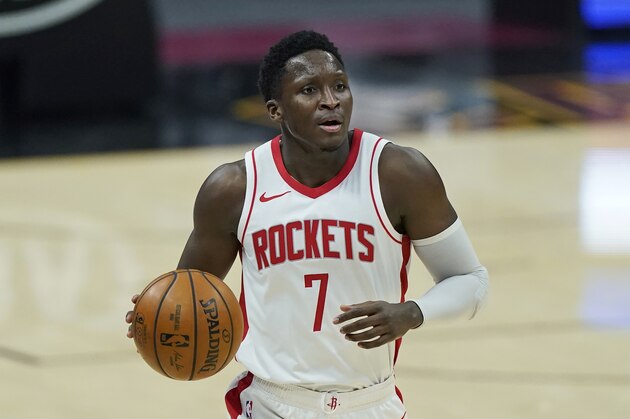 Houston Rockets' Victor Oladipo drives in the second half of an NBA basketball game against the Cleveland Cavaliers, Wednesday, Feb. 24, 2021, in Cleveland. (AP Photo/Tony Dejak)