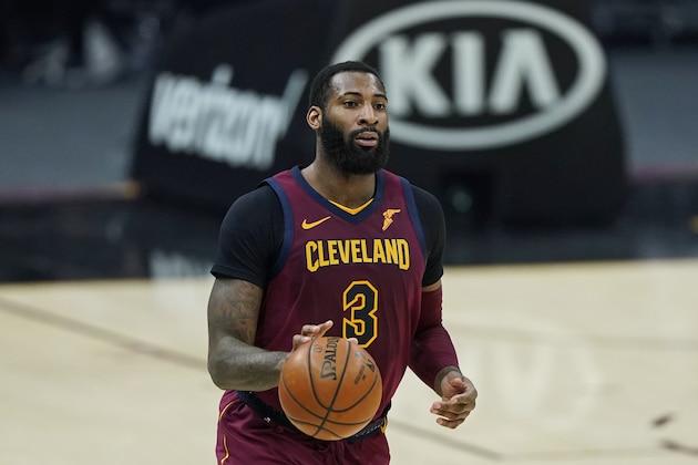 Cleveland Cavaliers' Andre Drummond drives in the second half of an NBA basketball game against the Milwaukee Bucks, Friday, Feb. 5, 2021, in Cleveland. (AP Photo/Tony Dejak)