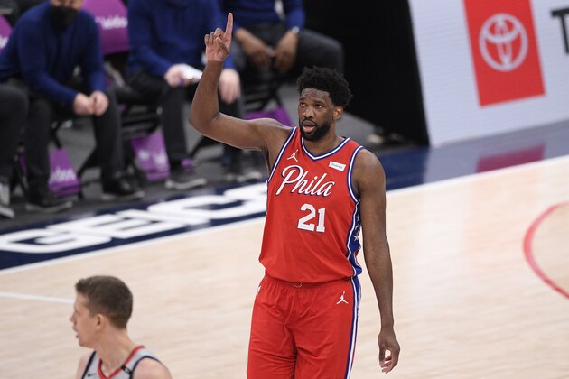 Philadelphia 76ers center Joel Embiid (21) gestures during the second half of an NBA basketball game against the Washington Wizards, Friday, March 12, 2021, in Washington. (AP Photo/Nick Wass)