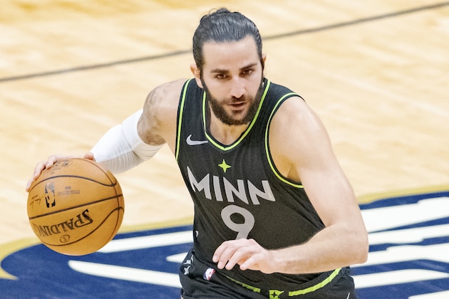 Minnesota Timberwolves guard Ricky Rubio (9) dribbles in the first half of an NBA basketball game in New Orleans, Thursday, March 11, 2021. (AP Photo/Matthew Hinton)