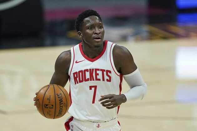 Houston Rockets' Victor Oladipo drives in the second half of an NBA basketball game against the Cleveland Cavaliers, Wednesday, Feb. 24, 2021, in Cleveland. (AP Photo/Tony Dejak)