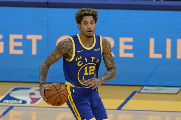 Golden State Warriors guard Kelly Oubre Jr. (12) against the Orlando Magic during an NBA basketball game in San Francisco, Thursday, Feb. 11, 2021. (AP Photo/Jeff Chiu)