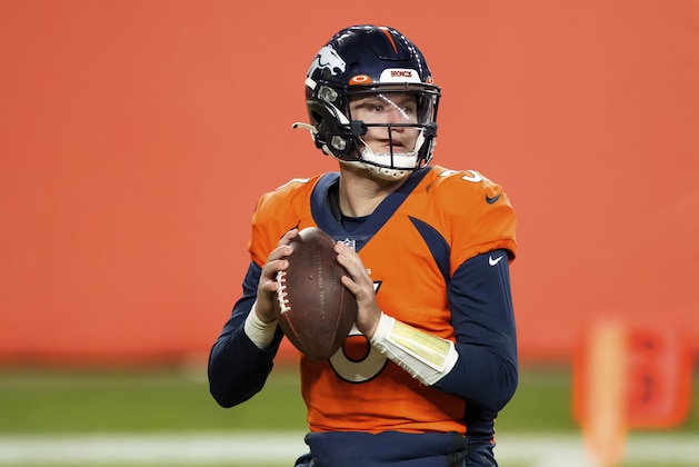 Denver Broncos quarterback Drew Lock (3) throws a pass against the Las Vegas Raiders during the second half of an NFL football game, Sunday, Jan.. 3, 2021, in Denver. (AP Photo/Justin Edmonds)