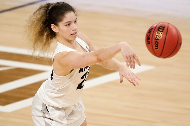 Central Florida guard Alisha Lewis passes the ball during the first half of an NCAA college basketball game against Houston in the semifinal round of the American Athletic Conference women's tournament Wednesday, March 10, 2021, in Fort Worth, Texas. (AP Photo/Tony Gutierrez)