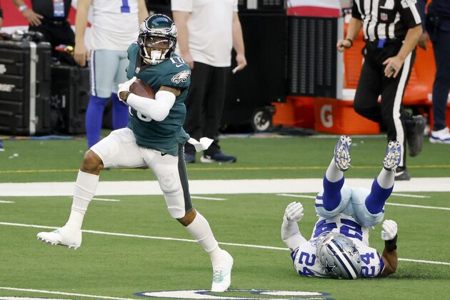 Philadelphia Eagles' DeSean Jackson (10) catches a long pass and gets past Dallas Cowboys cornerback Chidobe Awuzie (24) on his way to the end zone for a touchdown in the first half of an NFL football game in Arlington, Texas, Sunday, Dec. 27. 2020. (AP Photo/Michael Ainsworth)