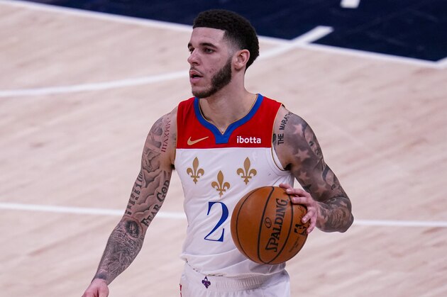 New Orleans Pelicans guard Lonzo Ball (2) plays against the Indiana Pacers during the second half of an NBA basketball game in Indianapolis, Friday, Feb. 5, 2021. The Pelicans defeated the Pacers 114-113. (AP Photo/Michael Conroy)