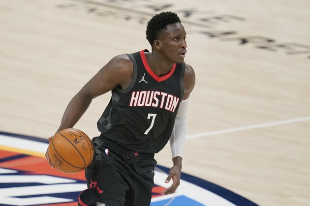Houston Rockets guard Victor Oladipo (7) during an NBA basketball game against the Oklahoma City Thunder, Wednesday, Feb. 3, 2021, in Oklahoma City. (AP Photo/Sue Ogrocki)